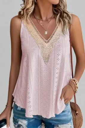 Apricot Pink Lace Crochet Splicing V-Neck Loose Fit Tank Top