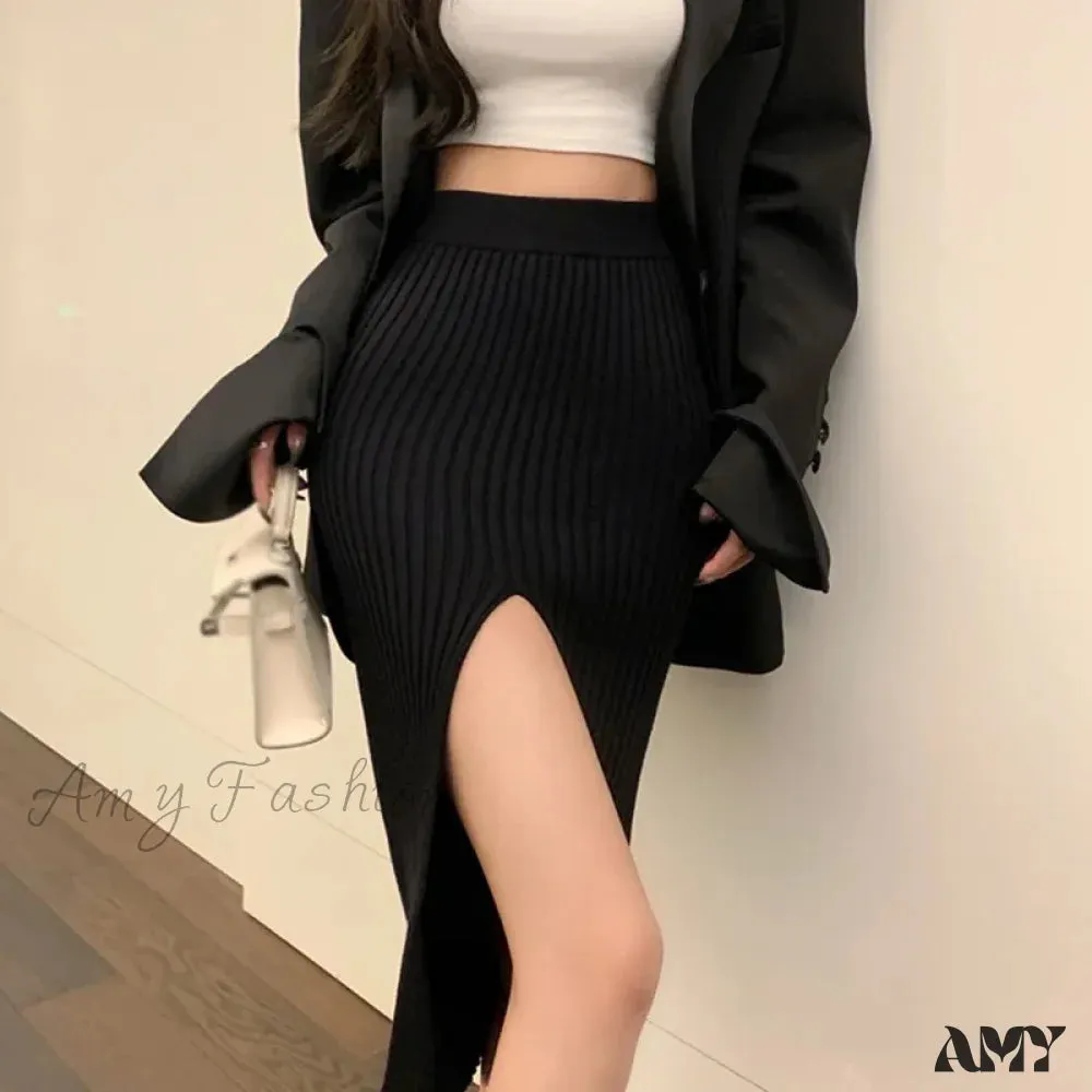 Autumn Winter Split Stretch Slim-Fit Slimming Knitted Sexy High Waist Elegant Solid Color Skirt