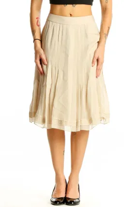 Beige Pleated Silk Midi Skirt