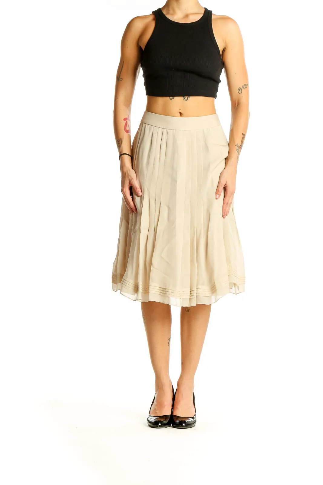 Beige Pleated Silk Midi Skirt