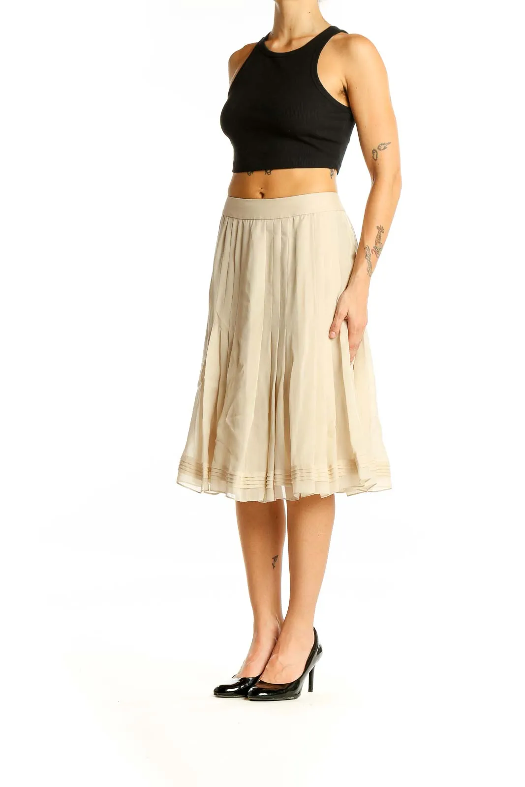 Beige Pleated Silk Midi Skirt