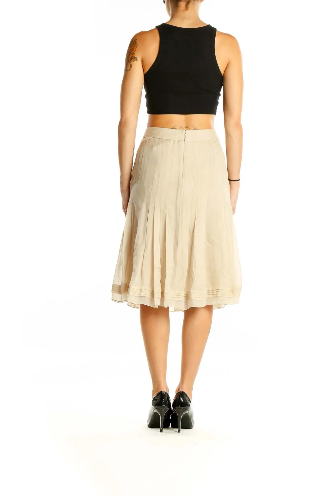 Beige Pleated Silk Midi Skirt