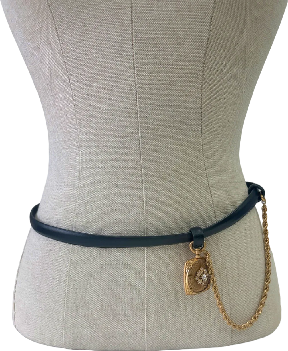 Black Belt with Gold Chain and Locket Pendant UK Medium