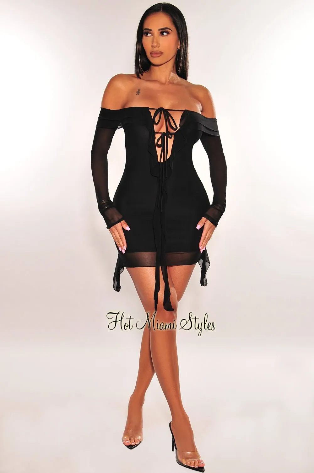 Black Mesh Off Shoulder Tie Up Long Sleeve Ruffle Mini Dress