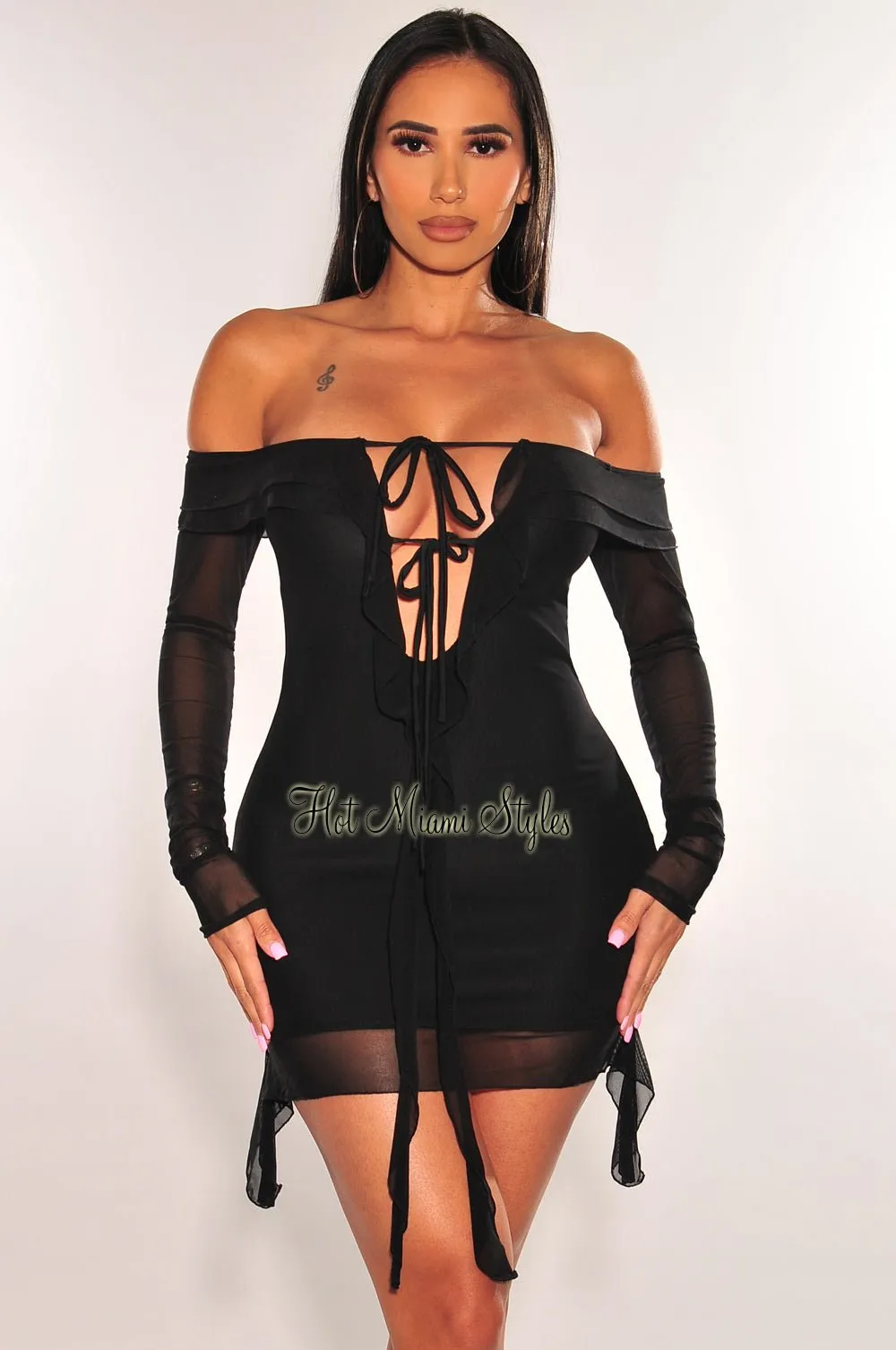 Black Mesh Off Shoulder Tie Up Long Sleeve Ruffle Mini Dress