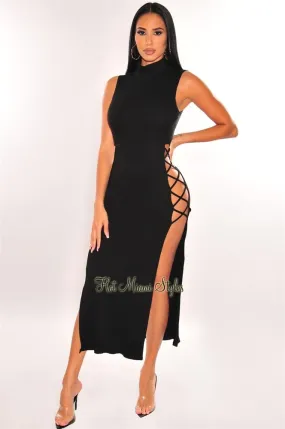 Black Ribbed Mock Neck Lace Up Double Side Slit Dress