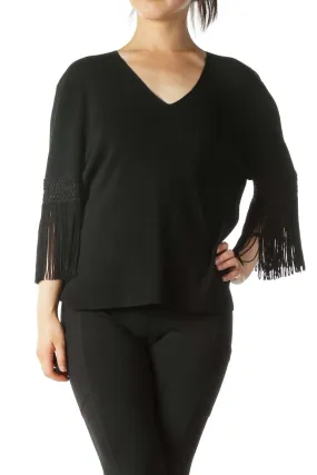 Black Sleeve Tassel Detail V-Neck Textured Top