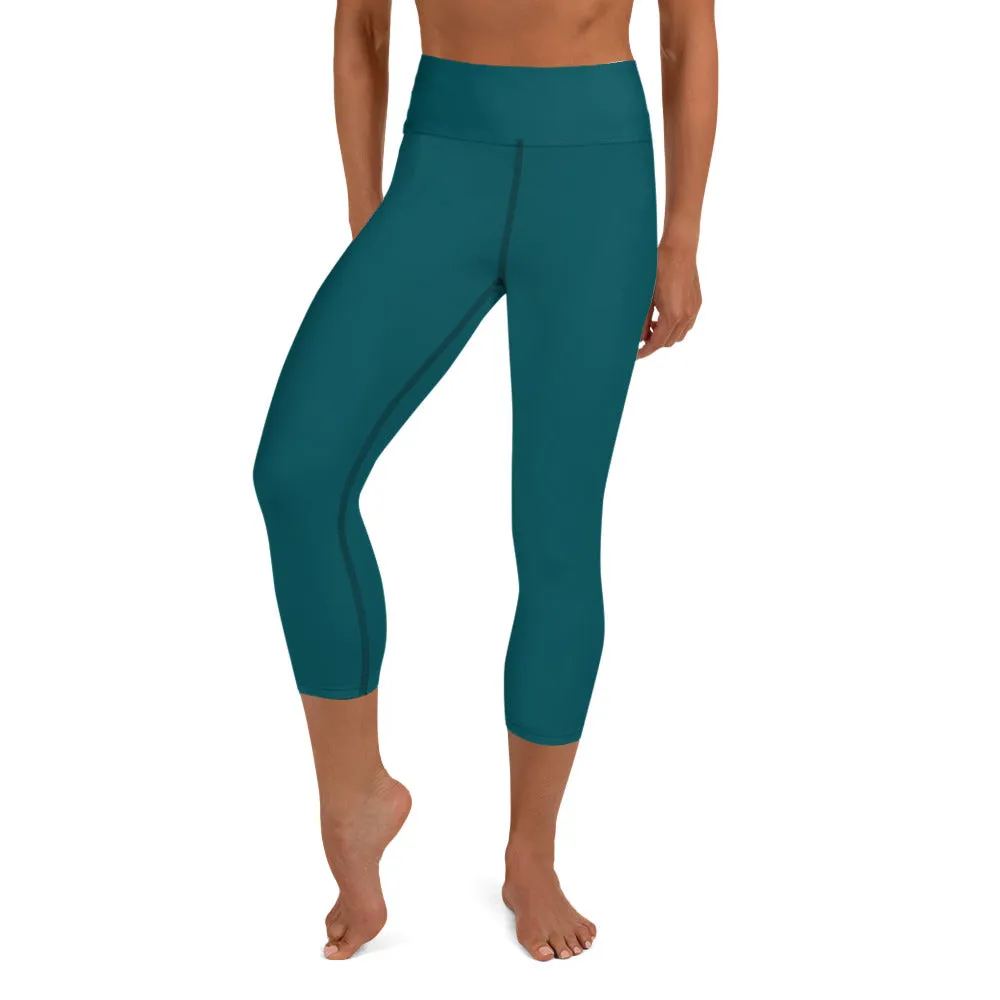 Blue Green Yoga Capri Leggings, Dark Capris High Waisted Tights For Women - Made in USA/EU/MX