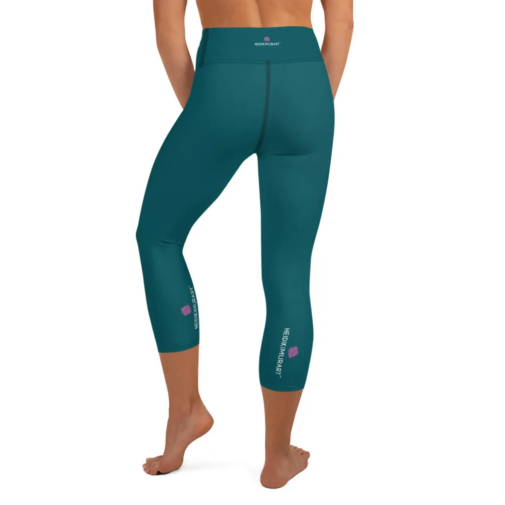 Blue Green Yoga Capri Leggings, Dark Capris High Waisted Tights For Women - Made in USA/EU/MX