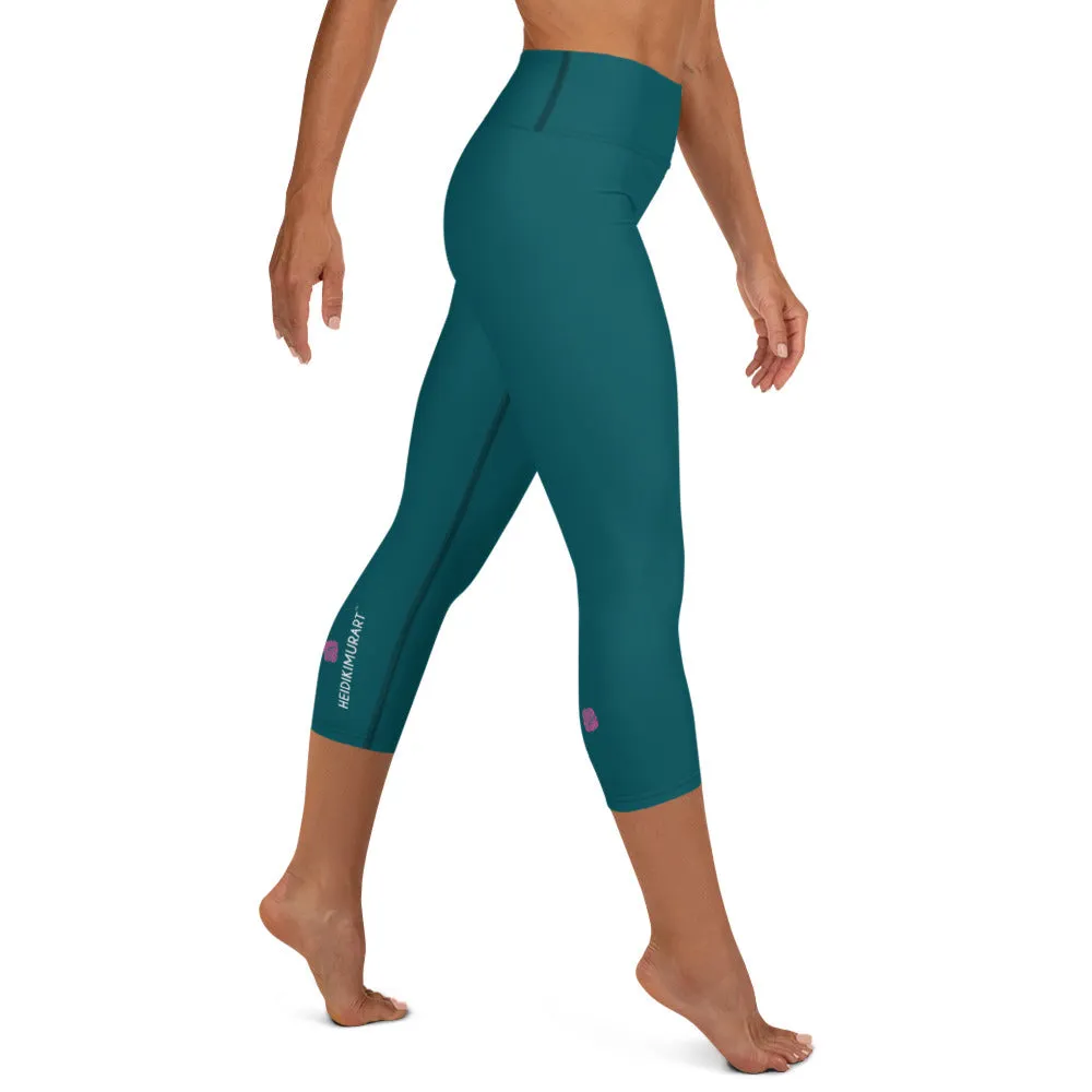 Blue Green Yoga Capri Leggings, Dark Capris High Waisted Tights For Women - Made in USA/EU/MX