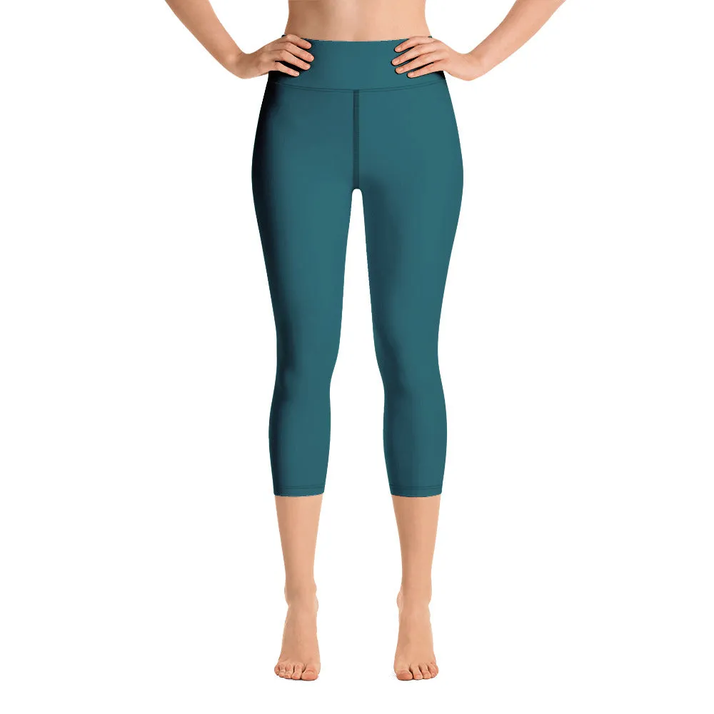 Blue Green Yoga Capri Leggings, Dark Capris High Waisted Tights For Women - Made in USA/EU/MX