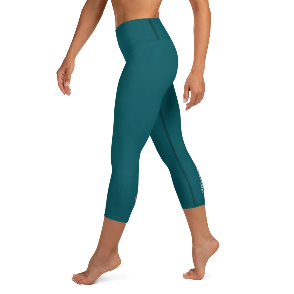 Blue Green Yoga Capri Leggings, Dark Capris High Waisted Tights For Women - Made in USA/EU/MX