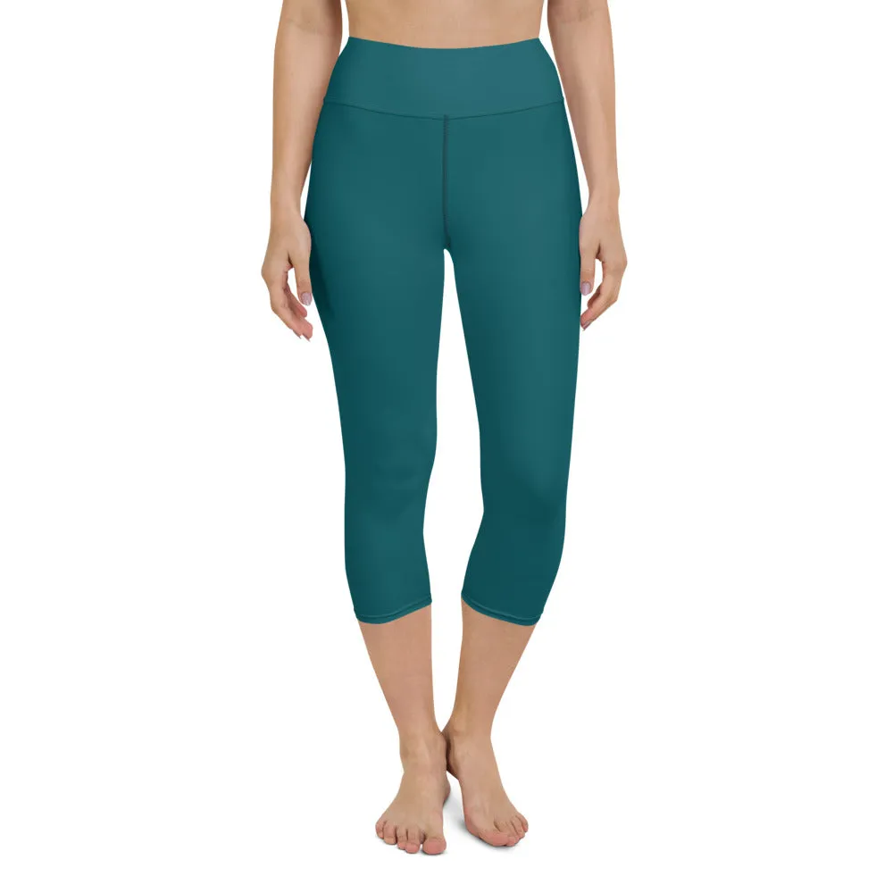 Blue Green Yoga Capri Leggings, Dark Capris High Waisted Tights For Women - Made in USA/EU/MX