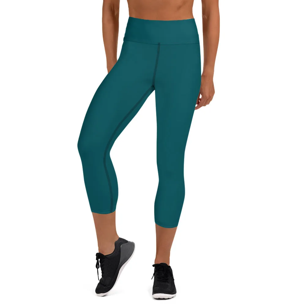 Blue Green Yoga Capri Leggings, Dark Capris High Waisted Tights For Women - Made in USA/EU/MX