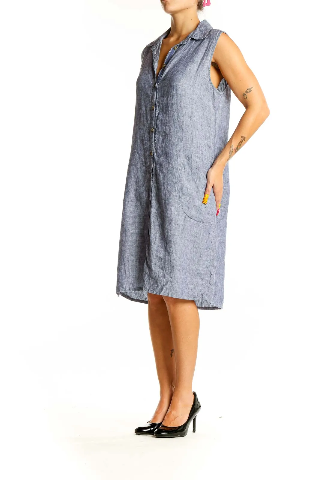 Blue Linen Sleeveless Shirt Dress