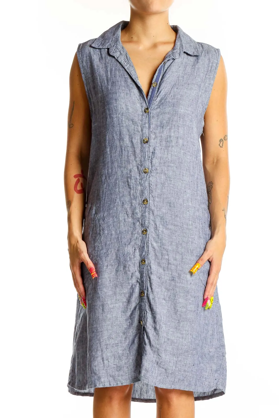 Blue Linen Sleeveless Shirt Dress