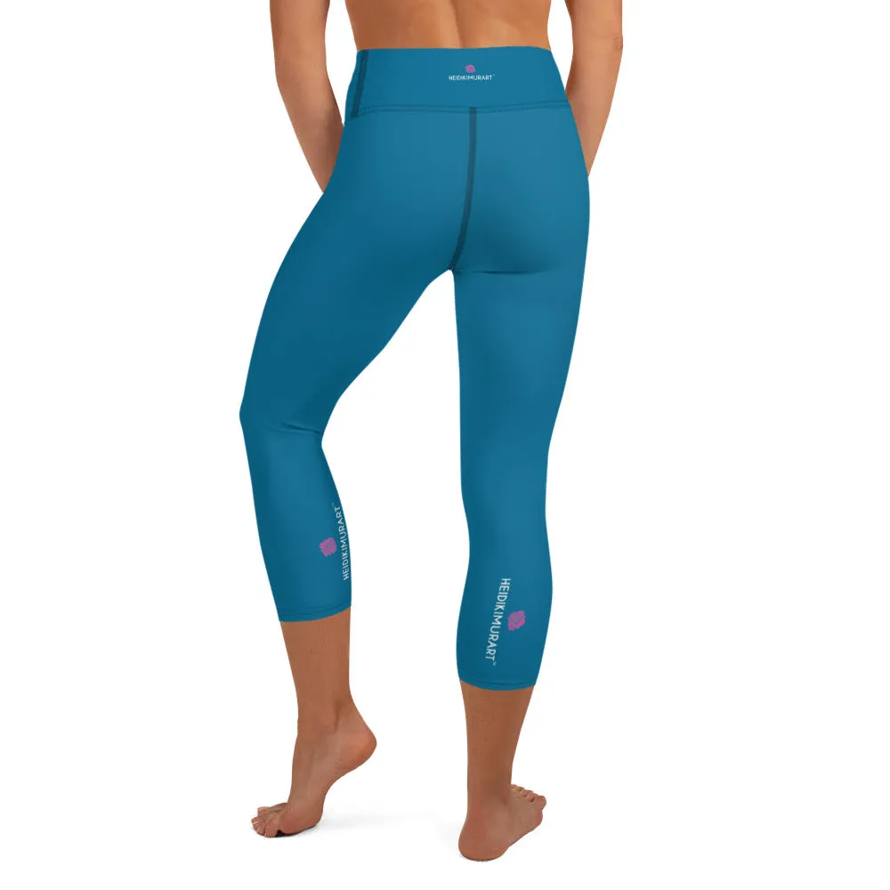 Blue Women's Yoga Capri Leggings, Solid Color Blue Designer Women's Tights-Made in USA/EU