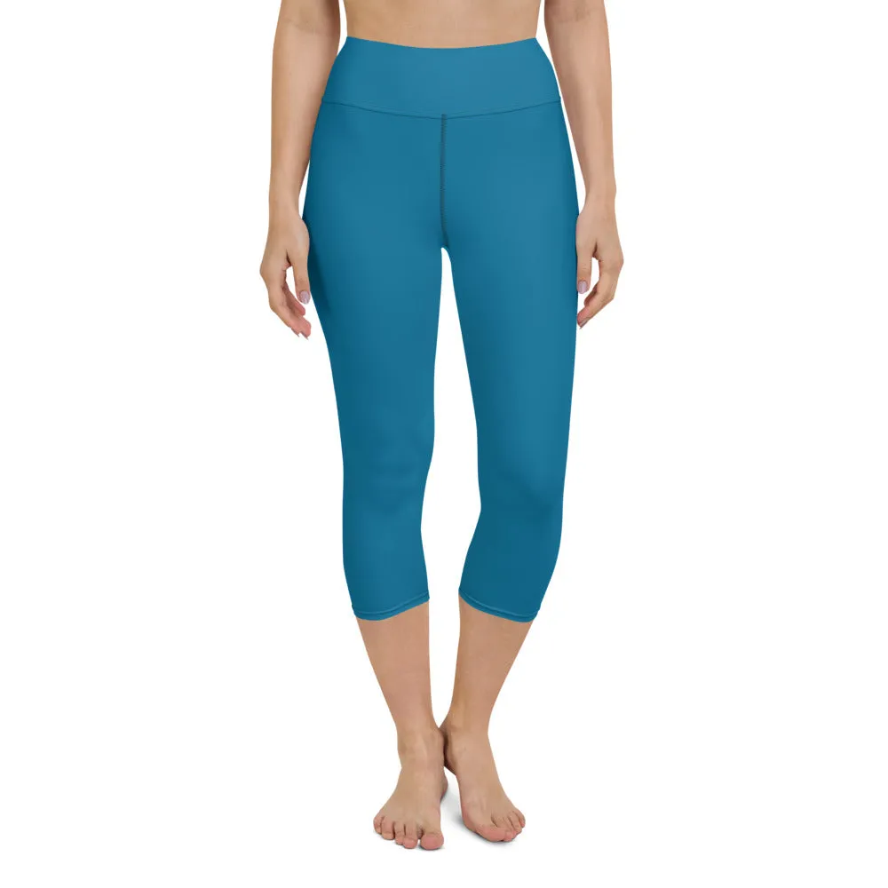 Blue Women's Yoga Capri Leggings, Solid Color Blue Designer Women's Tights-Made in USA/EU