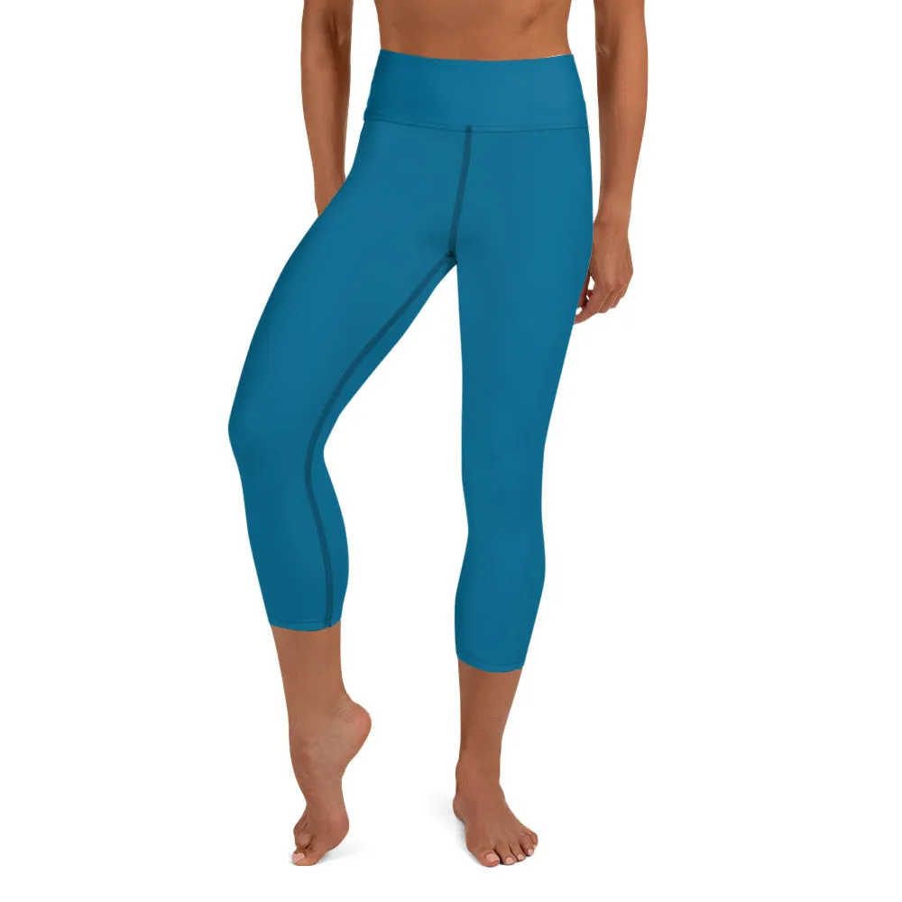 Blue Women's Yoga Capri Leggings, Solid Color Blue Designer Women's Tights-Made in USA/EU