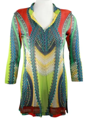 Boho Chic - Aztec Mirrors, Lightweight Geometric Pattern Sheer V-Neck Tunic Top