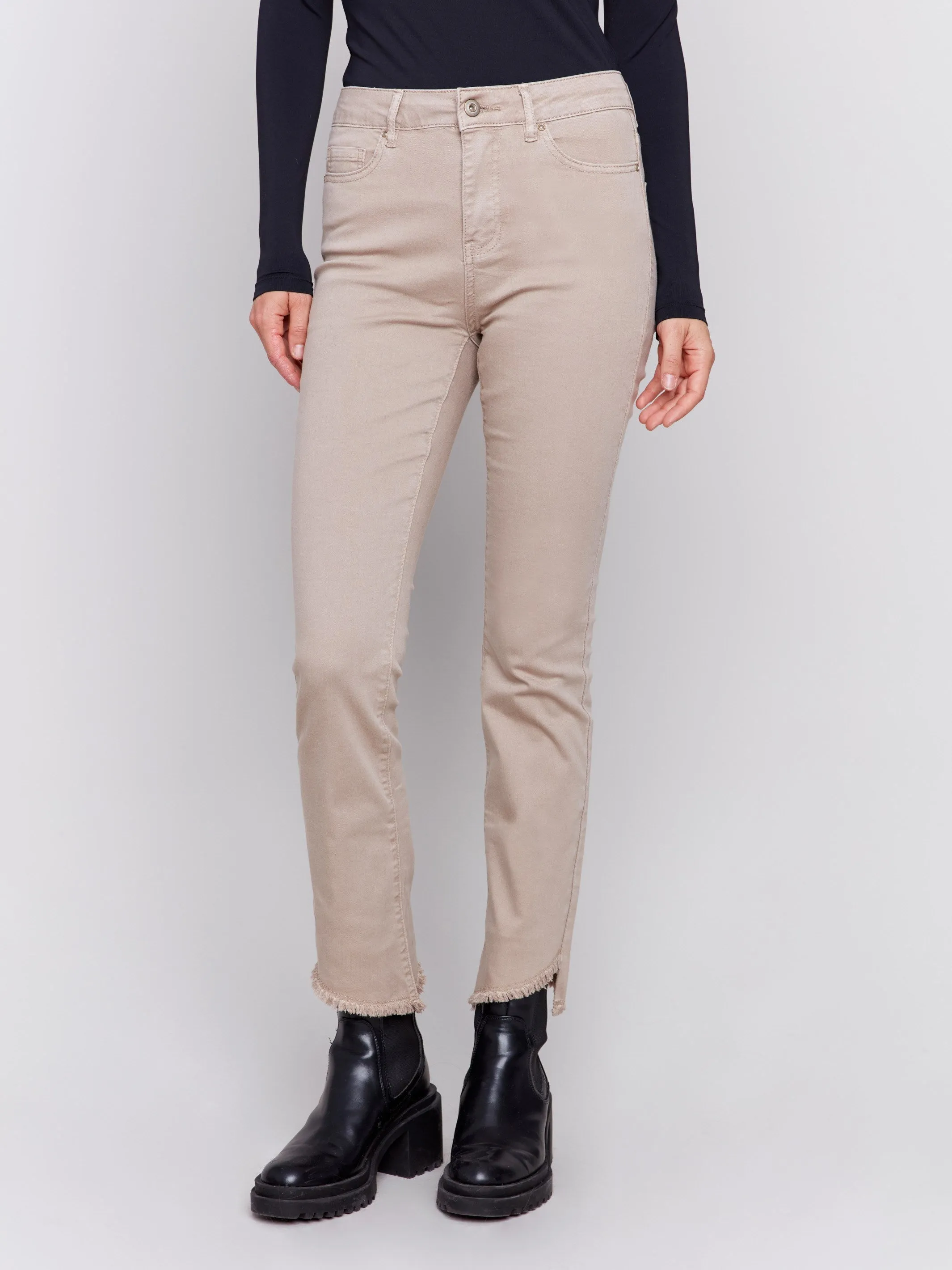 Bootcut Twill Pants with Asymmetrical Hem - Almond