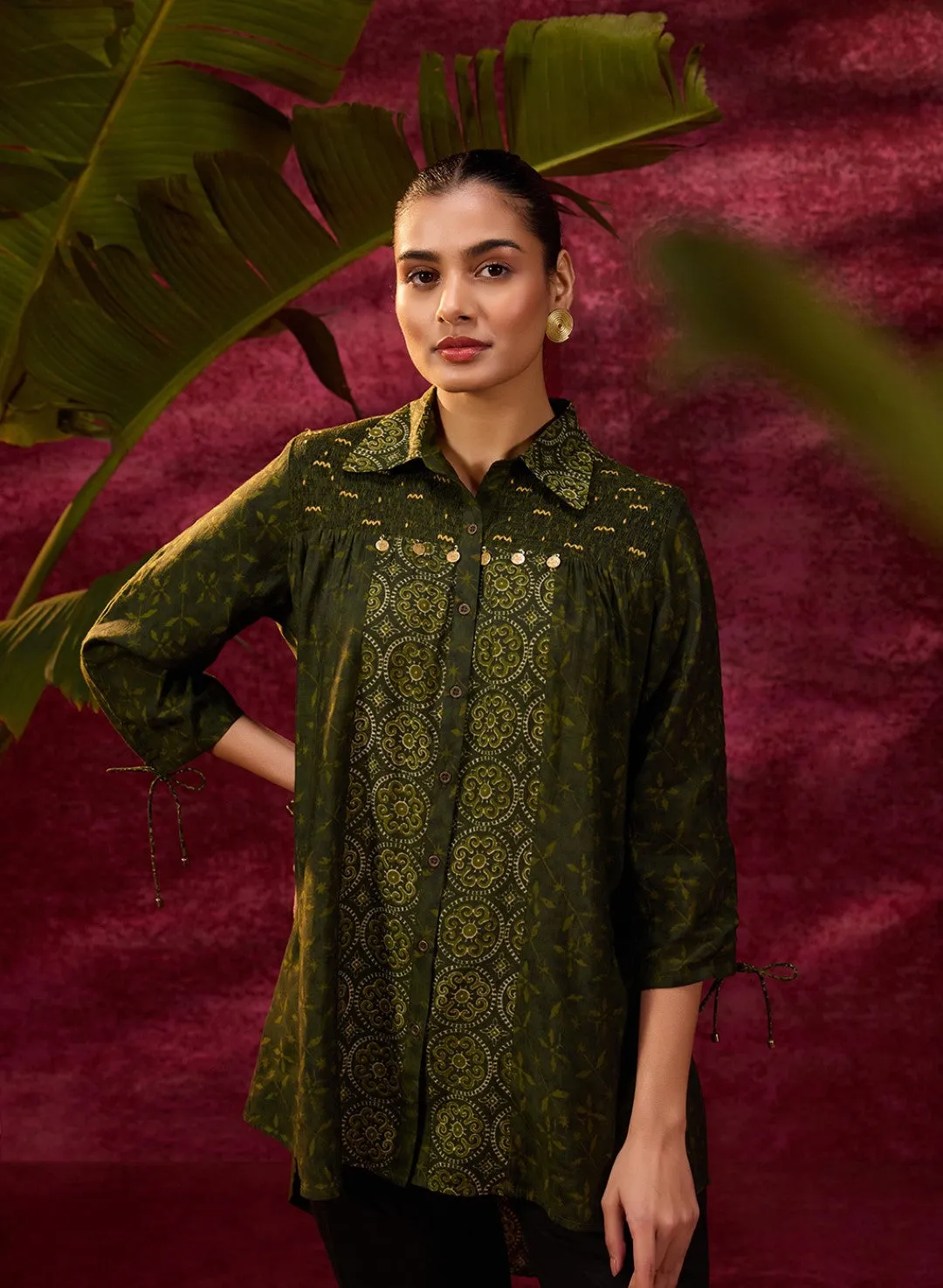 Bottle Green Printed Chanderi Long Shirt For Women