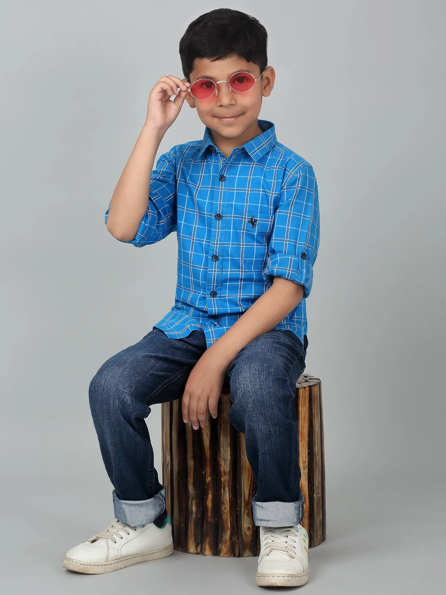 Boy's Royal Blue Checkered Full Sleeves Shirt