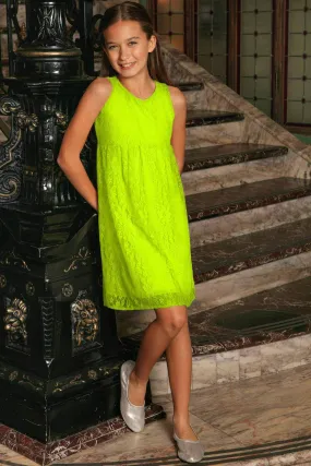 Bright Neon Yellow Stretchy Lace Empire Waist Sleeveless Dress - Girls