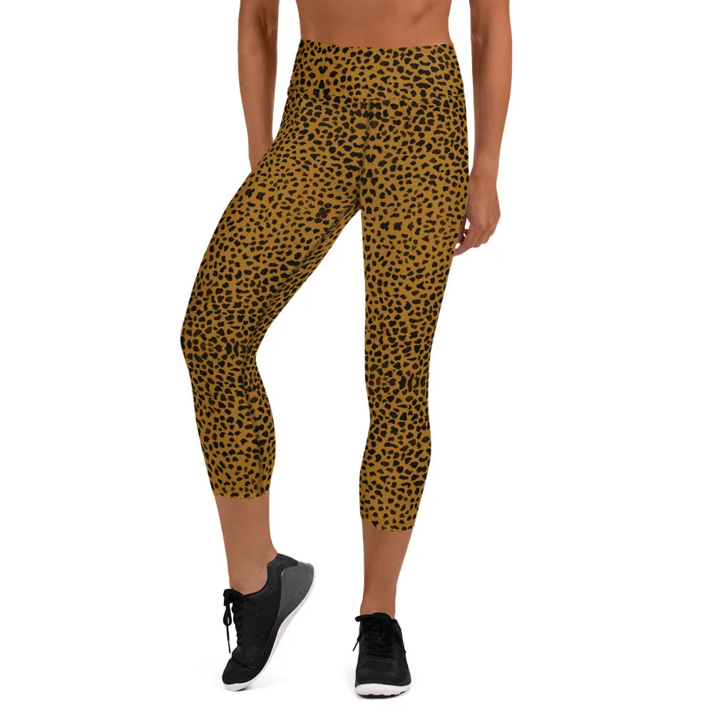 Brown Cheetah Yoga Capri Leggings, Animal Print Women's Capris Tights-Made in USA/EU