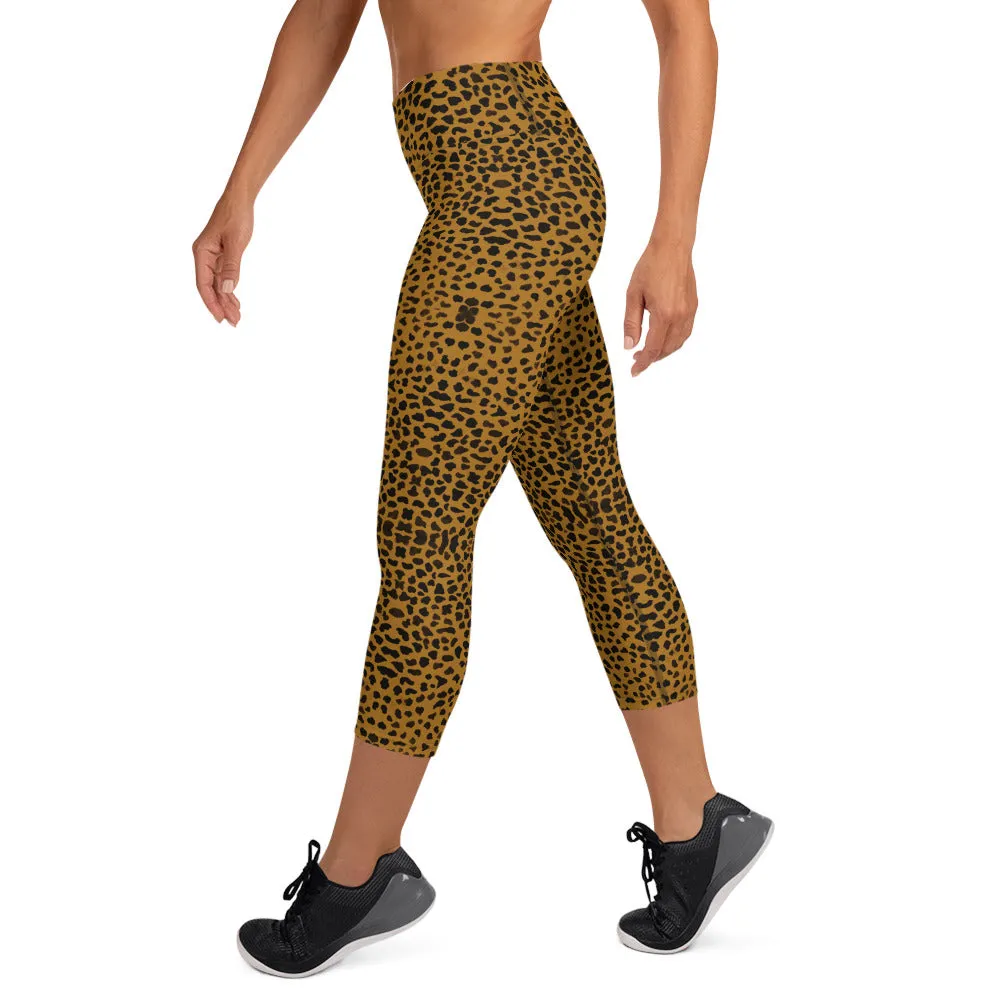 Brown Cheetah Yoga Capri Leggings, Animal Print Women's Capris Tights-Made in USA/EU