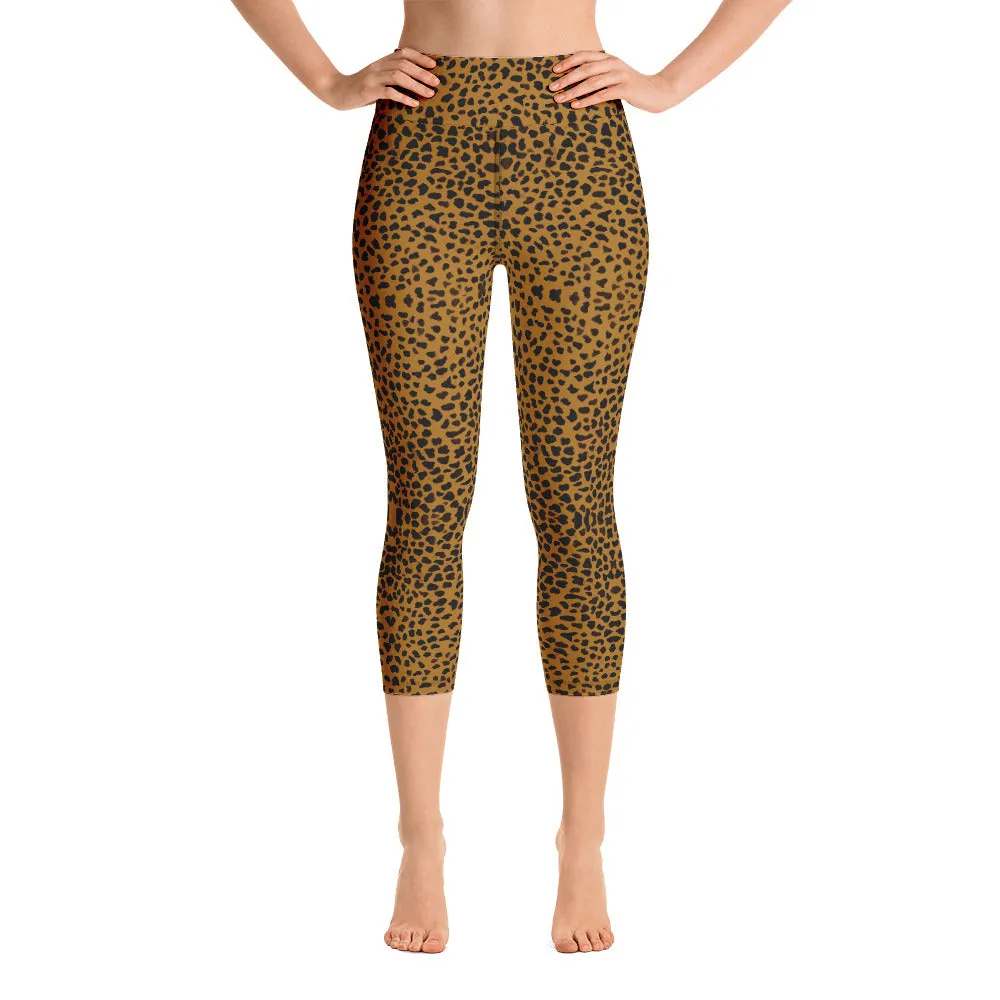 Brown Cheetah Yoga Capri Leggings, Animal Print Women's Capris Tights-Made in USA/EU