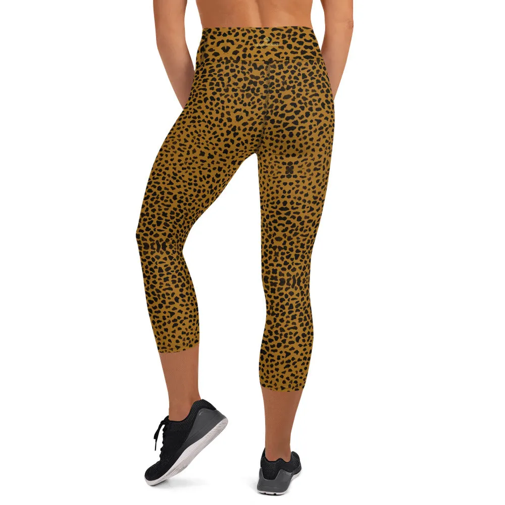 Brown Cheetah Yoga Capri Leggings, Animal Print Women's Capris Tights-Made in USA/EU