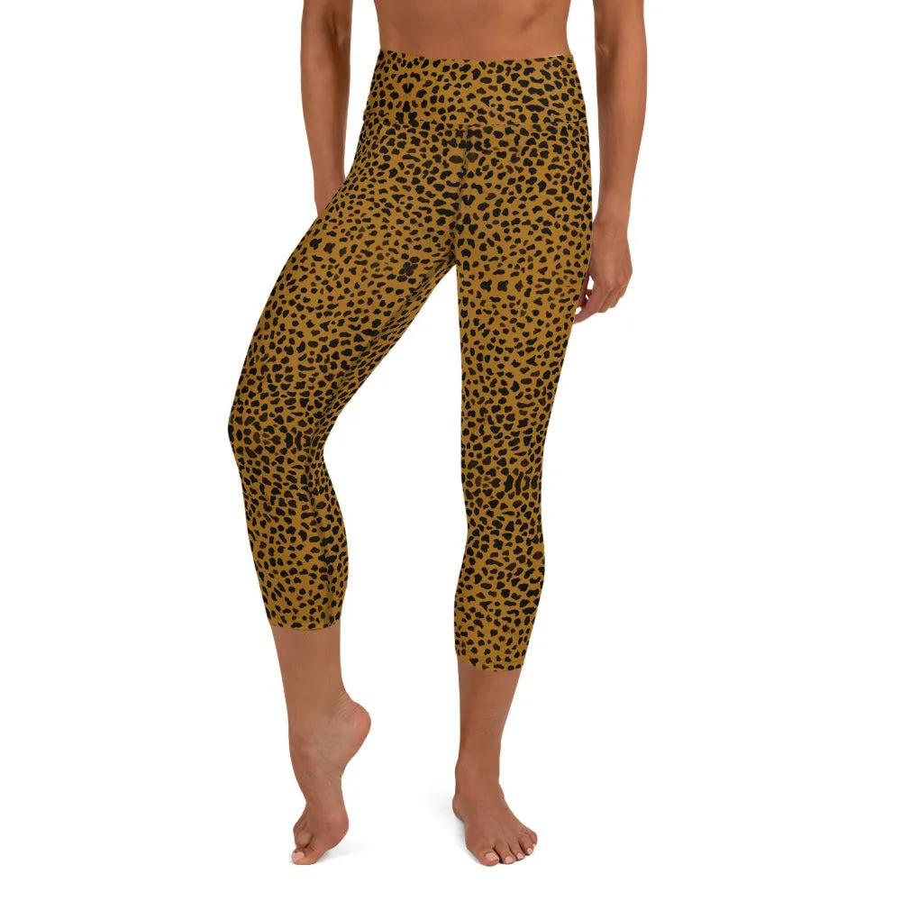 Brown Cheetah Yoga Capri Leggings, Animal Print Women's Capris Tights-Made in USA/EU