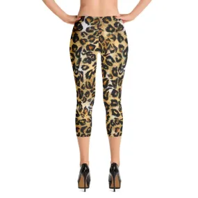 Brown Leopard Capri Leggings, Animal Print Dressy Women's Gym Pants- Made in USA/ EU