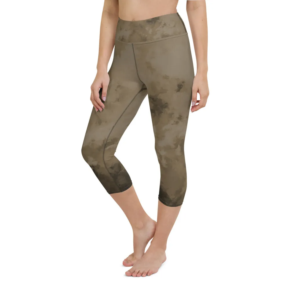 Brown Yoga Capri Leggings, Modern Brown Abstract Best Women's Capris Tights-Made in USA/EU/MX