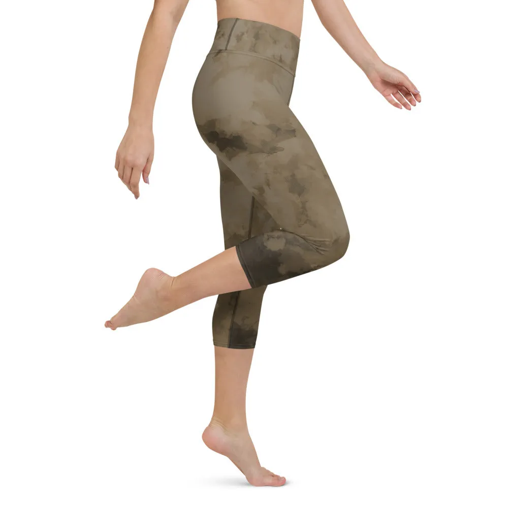 Brown Yoga Capri Leggings, Modern Brown Abstract Best Women's Capris Tights-Made in USA/EU/MX