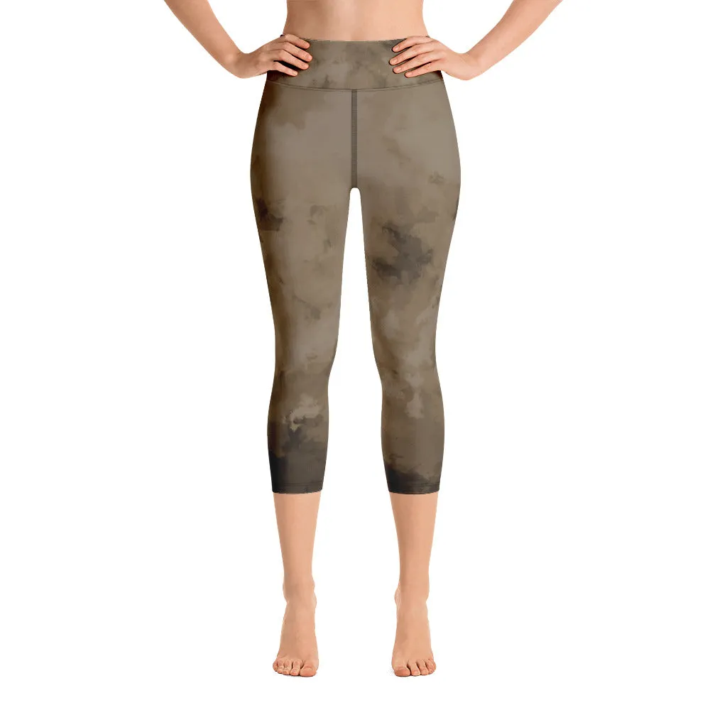 Brown Yoga Capri Leggings, Modern Brown Abstract Best Women's Capris Tights-Made in USA/EU/MX