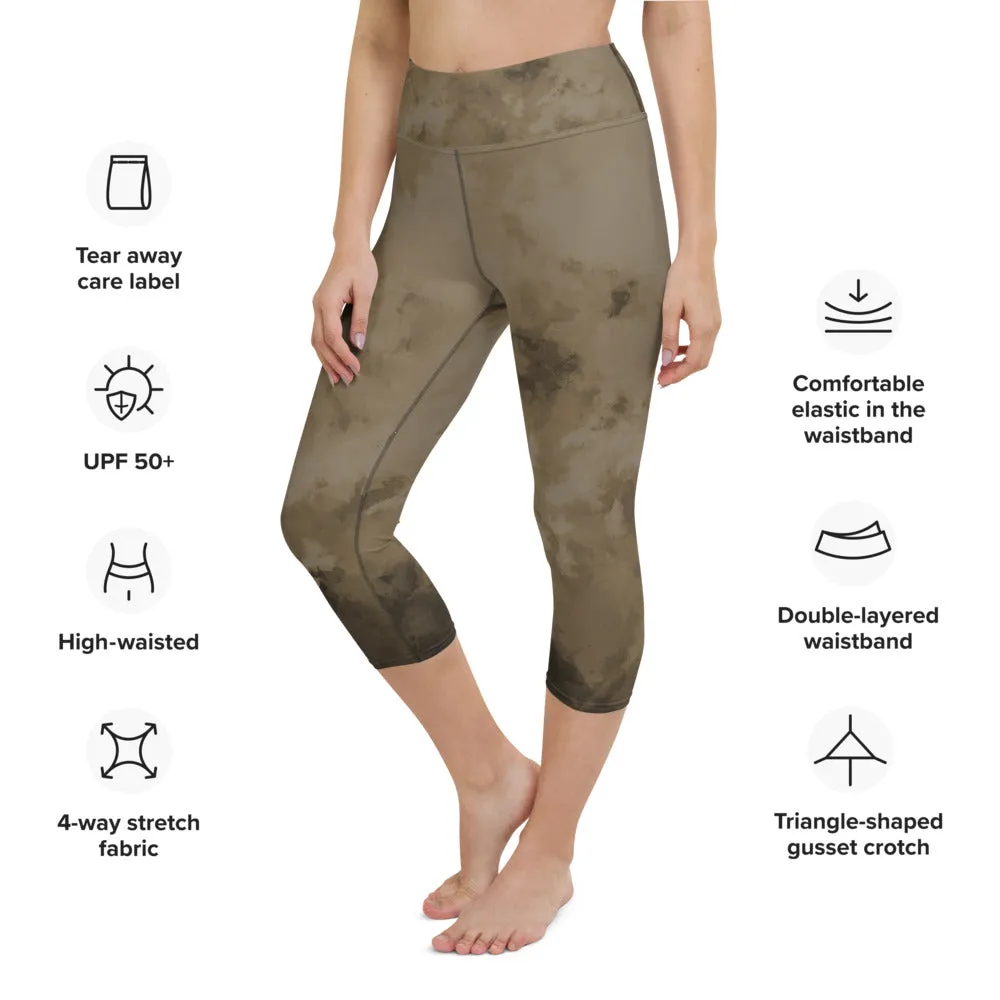 Brown Yoga Capri Leggings, Modern Brown Abstract Best Women's Capris Tights-Made in USA/EU/MX