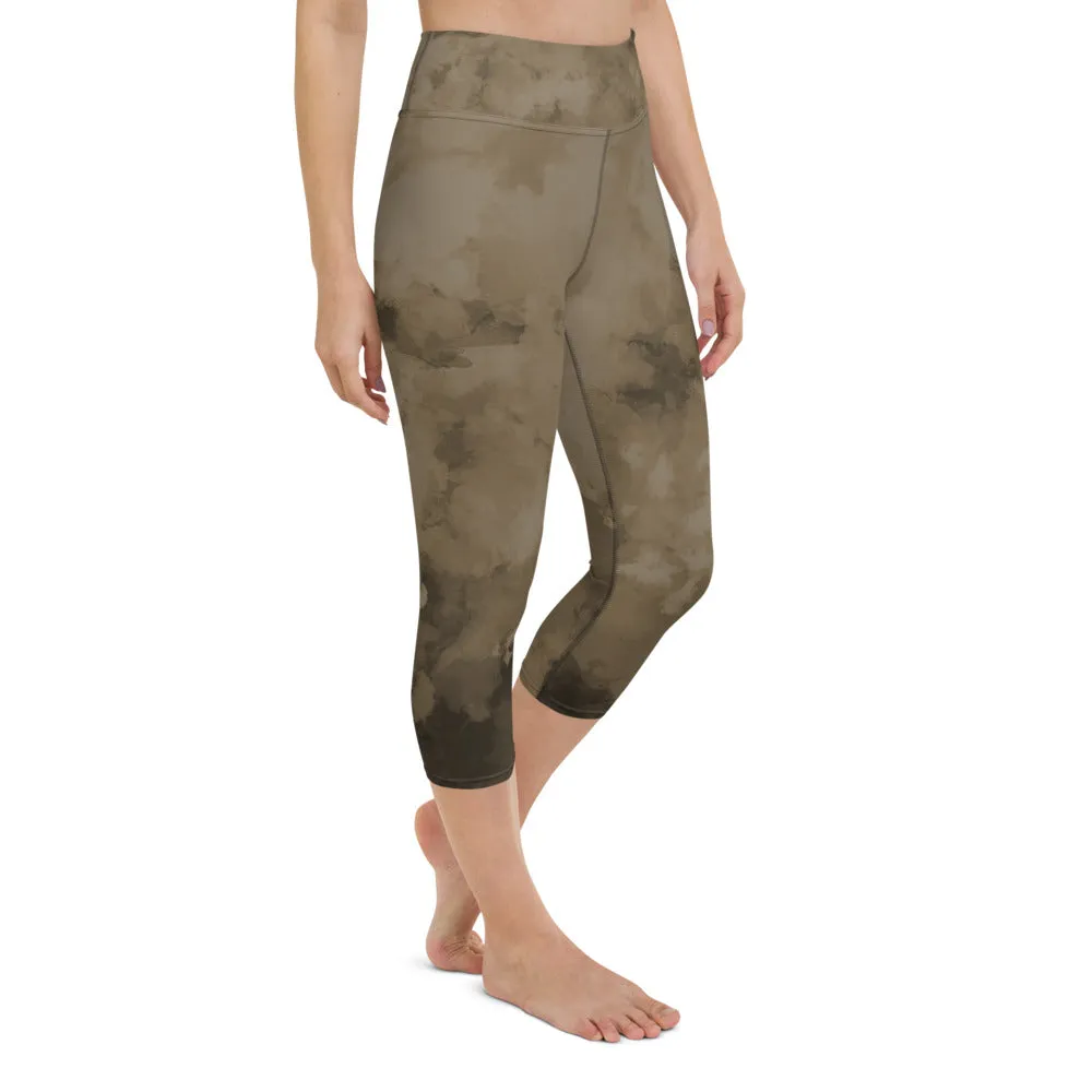 Brown Yoga Capri Leggings, Modern Brown Abstract Best Women's Capris Tights-Made in USA/EU/MX