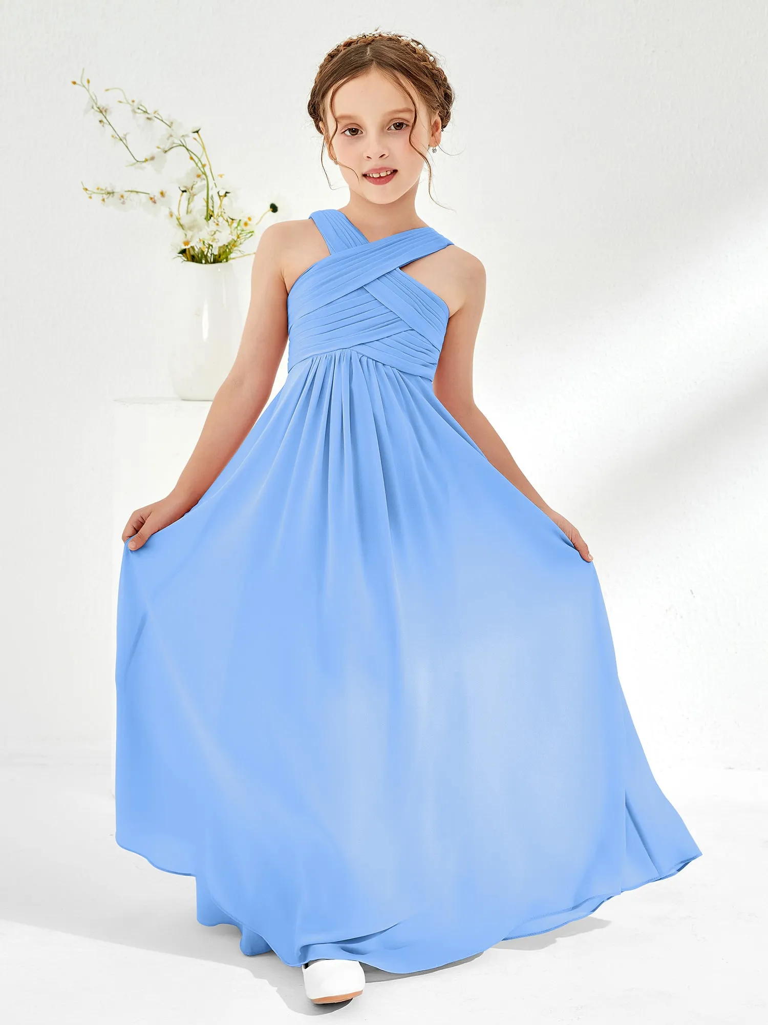 Cross Shoulder Strap Junior Bridesmaid Dresses with Empire Waist Blue