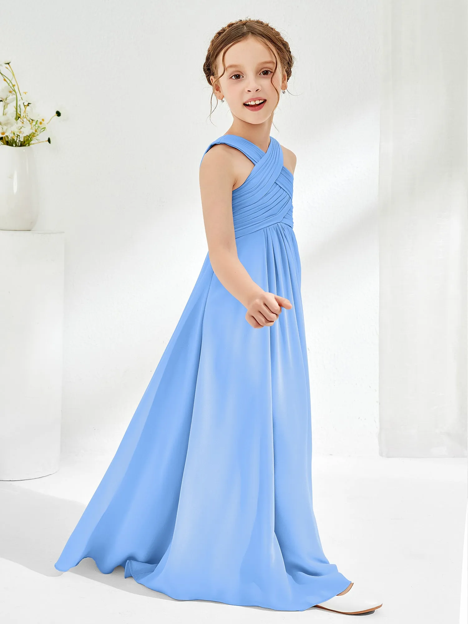 Cross Shoulder Strap Junior Bridesmaid Dresses with Empire Waist Blue