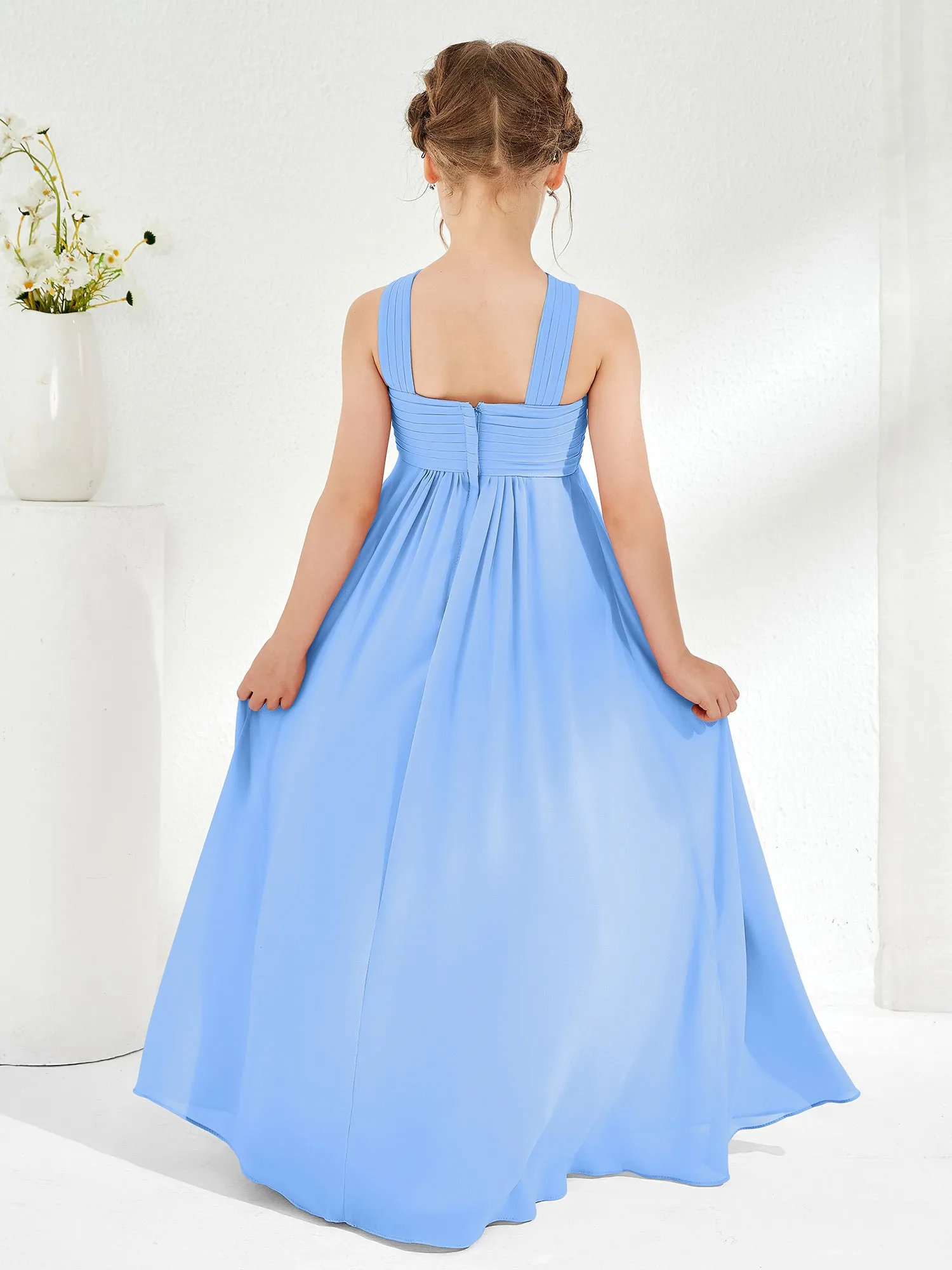 Cross Shoulder Strap Junior Bridesmaid Dresses with Empire Waist Blue