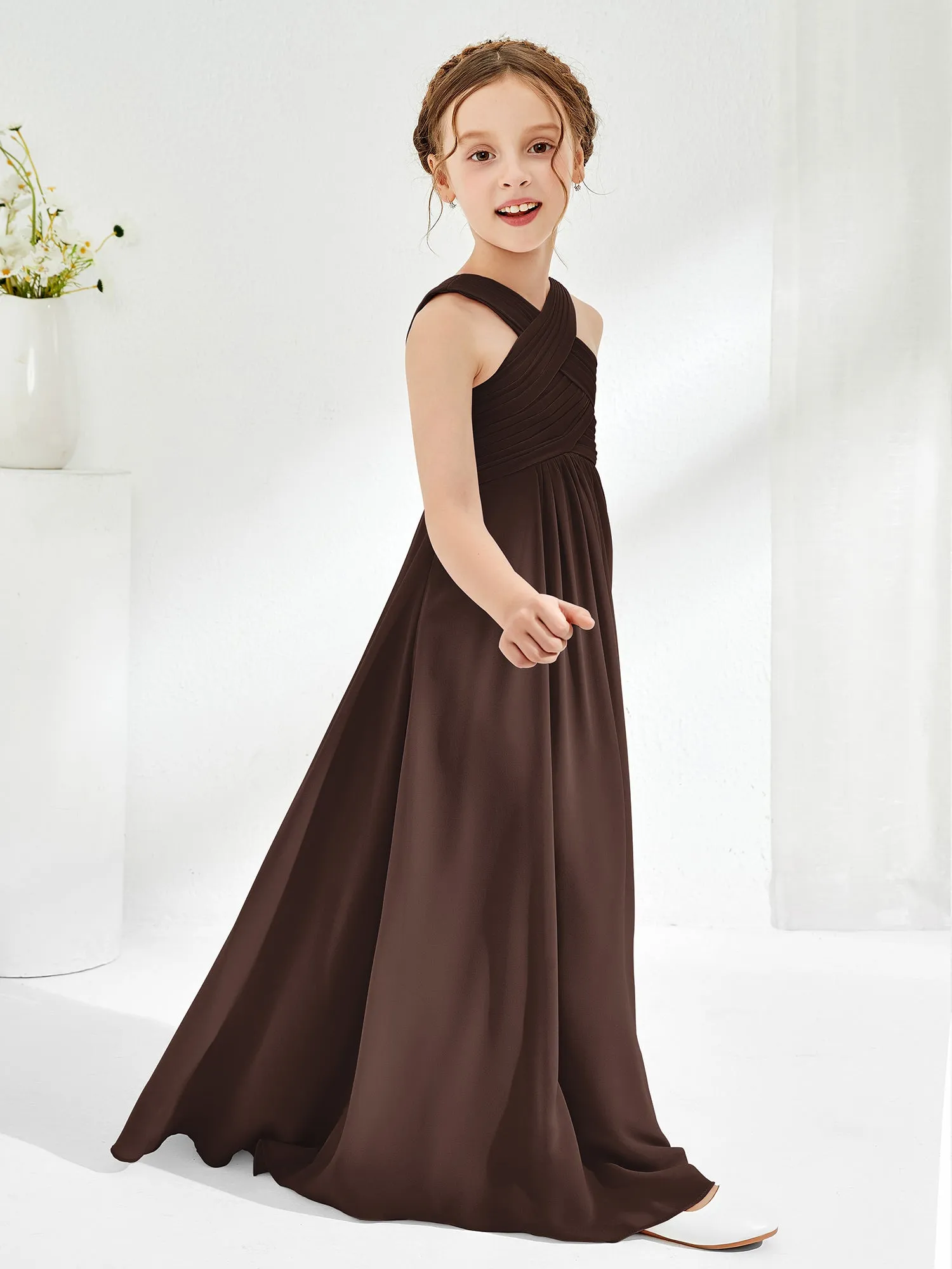 Cross Shoulder Strap Junior Bridesmaid Dresses with Empire Waist Chocolate