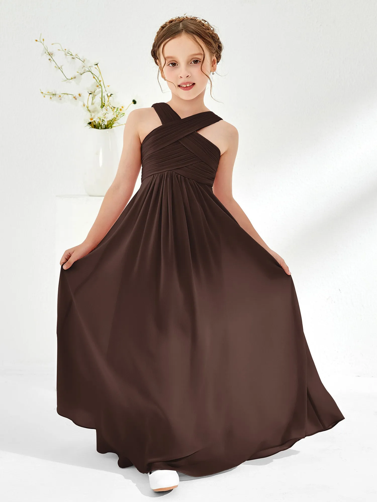 Cross Shoulder Strap Junior Bridesmaid Dresses with Empire Waist Chocolate