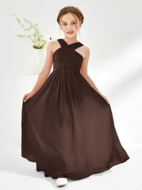 Cross Shoulder Strap Junior Bridesmaid Dresses with Empire Waist Chocolate