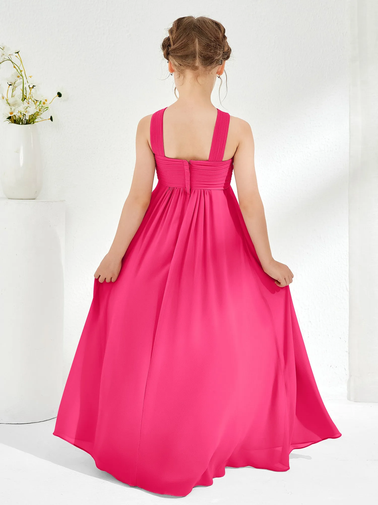 Cross Shoulder Strap Junior Bridesmaid Dresses with Empire Waist Fuchsia