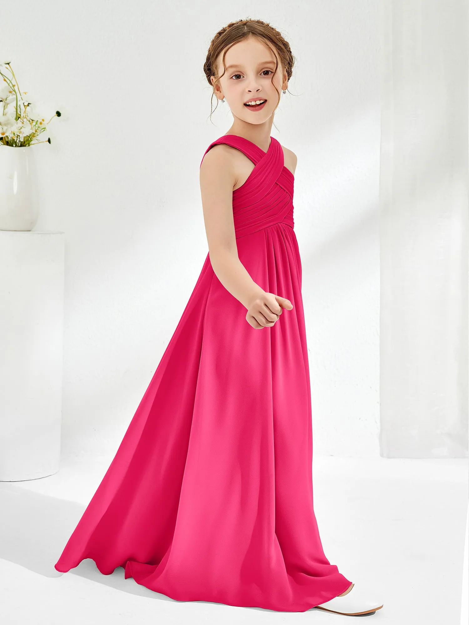 Cross Shoulder Strap Junior Bridesmaid Dresses with Empire Waist Fuchsia