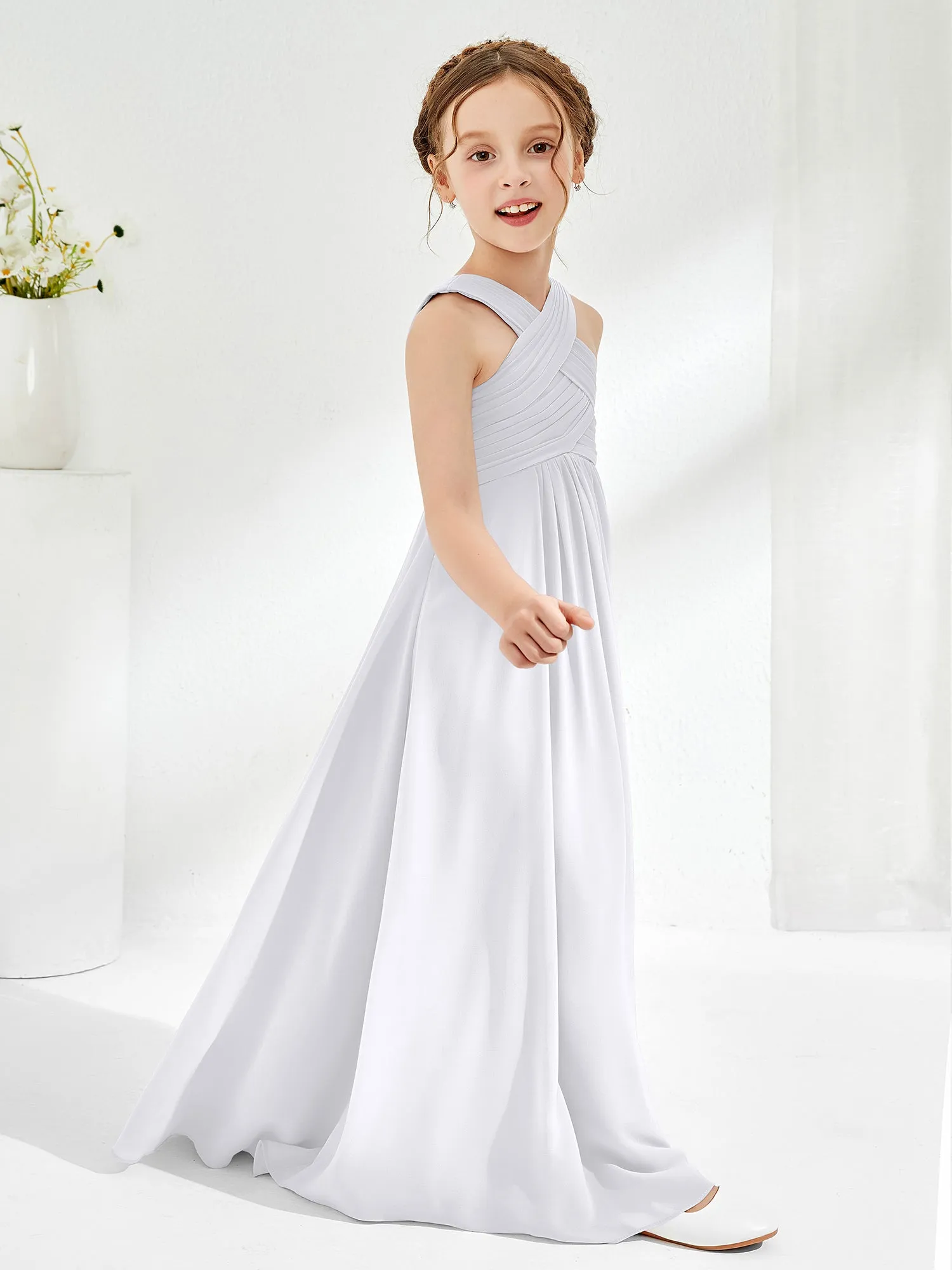 Cross Shoulder Strap Junior Bridesmaid Dresses with Empire Waist White