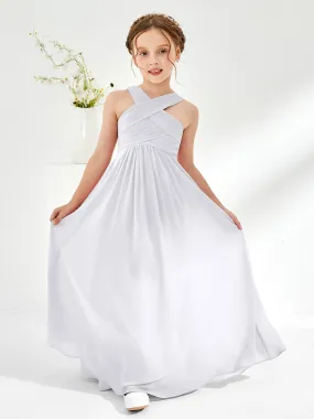 Cross Shoulder Strap Junior Bridesmaid Dresses with Empire Waist White