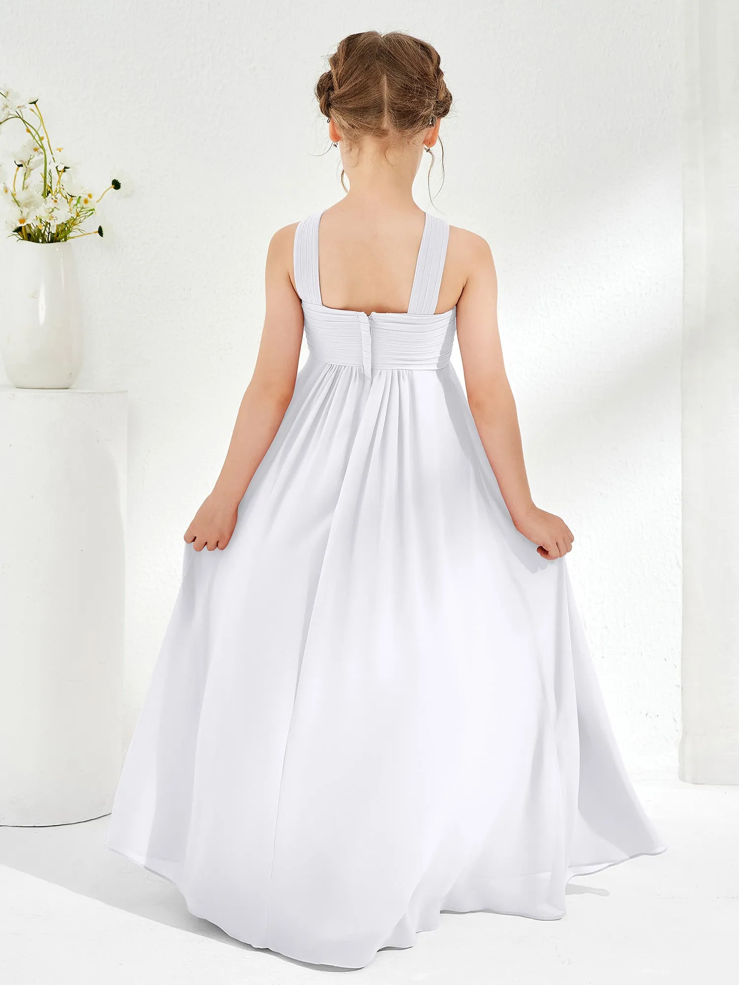 Cross Shoulder Strap Junior Bridesmaid Dresses with Empire Waist White